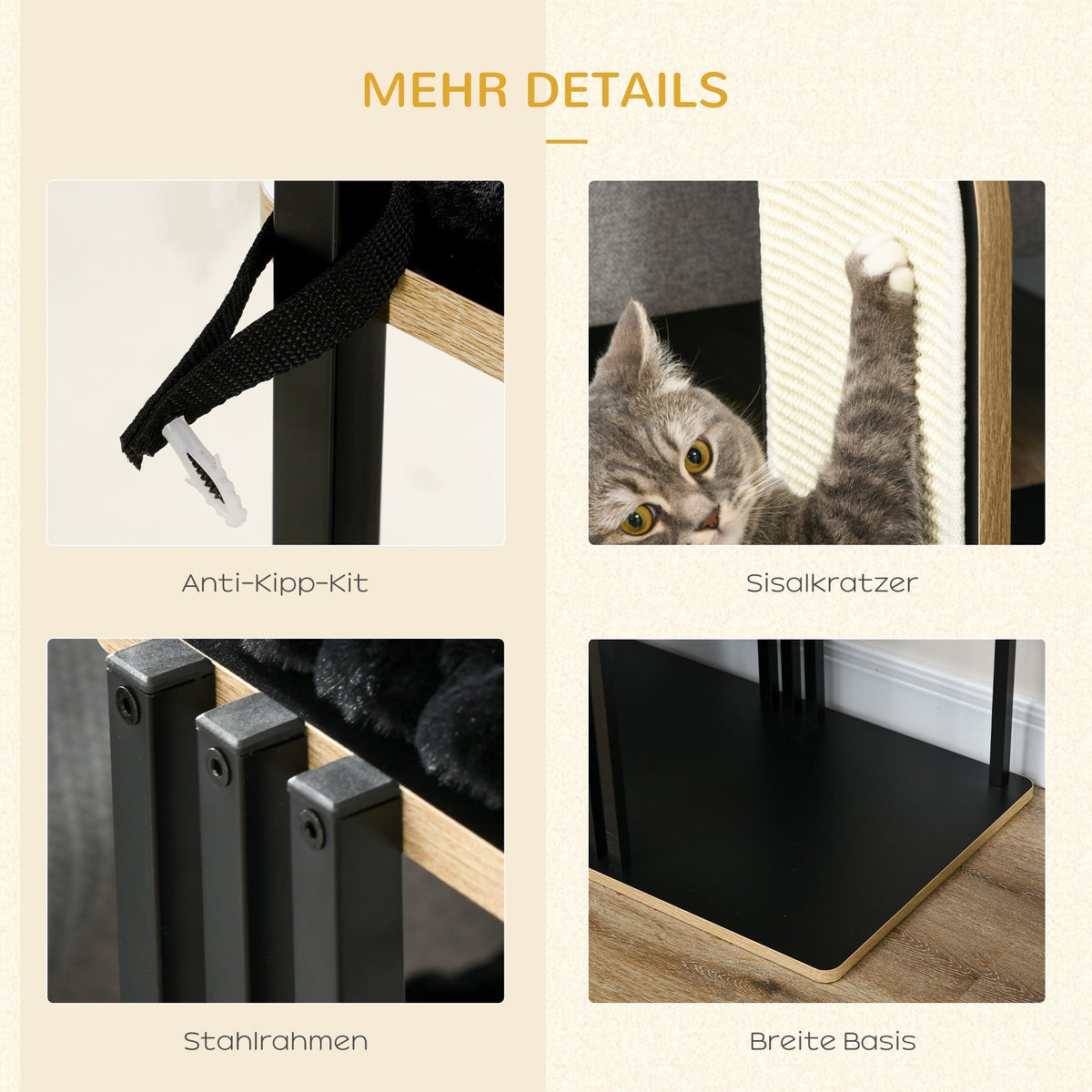 Cat Tree with Cushion, Scratching Board, 2 Platforms, Steel Black