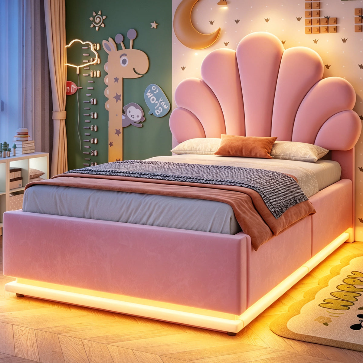 Upholstered Bed 90x200cm, Flower Headboard & Storage, Pink Velvet