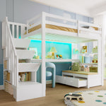 Loft Bed 90x200cm Desk Shelves Drawers Storage Stairs White
