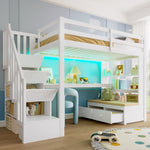 Loft Bed 90x200 with Desk, Shelves & Storage Stairs, White