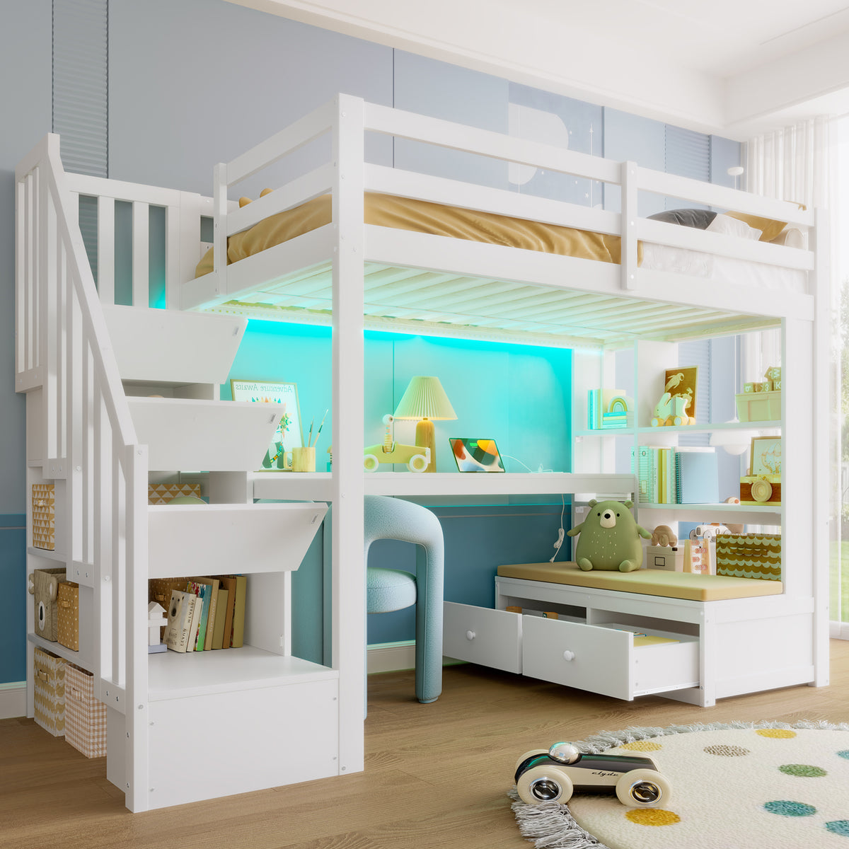 Loft Bed 90x200 with Desk, Shelves & Storage Stairs, White