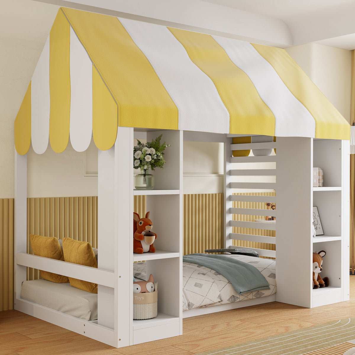 Children's Canopy Bed 90x200cm with Storage, Wooden Frame, White
