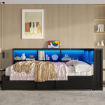 Metal Daybed with Pull-out Bed, Storage Cabinets, LED Lighting and USB Ports, 90x200cm, Black Metal