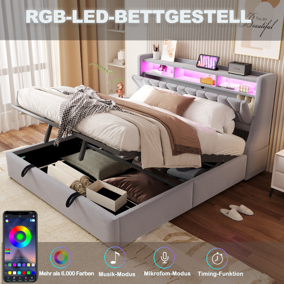 Upholstered Storage Bed 180x200cm with LED, Light Grey Velvet
