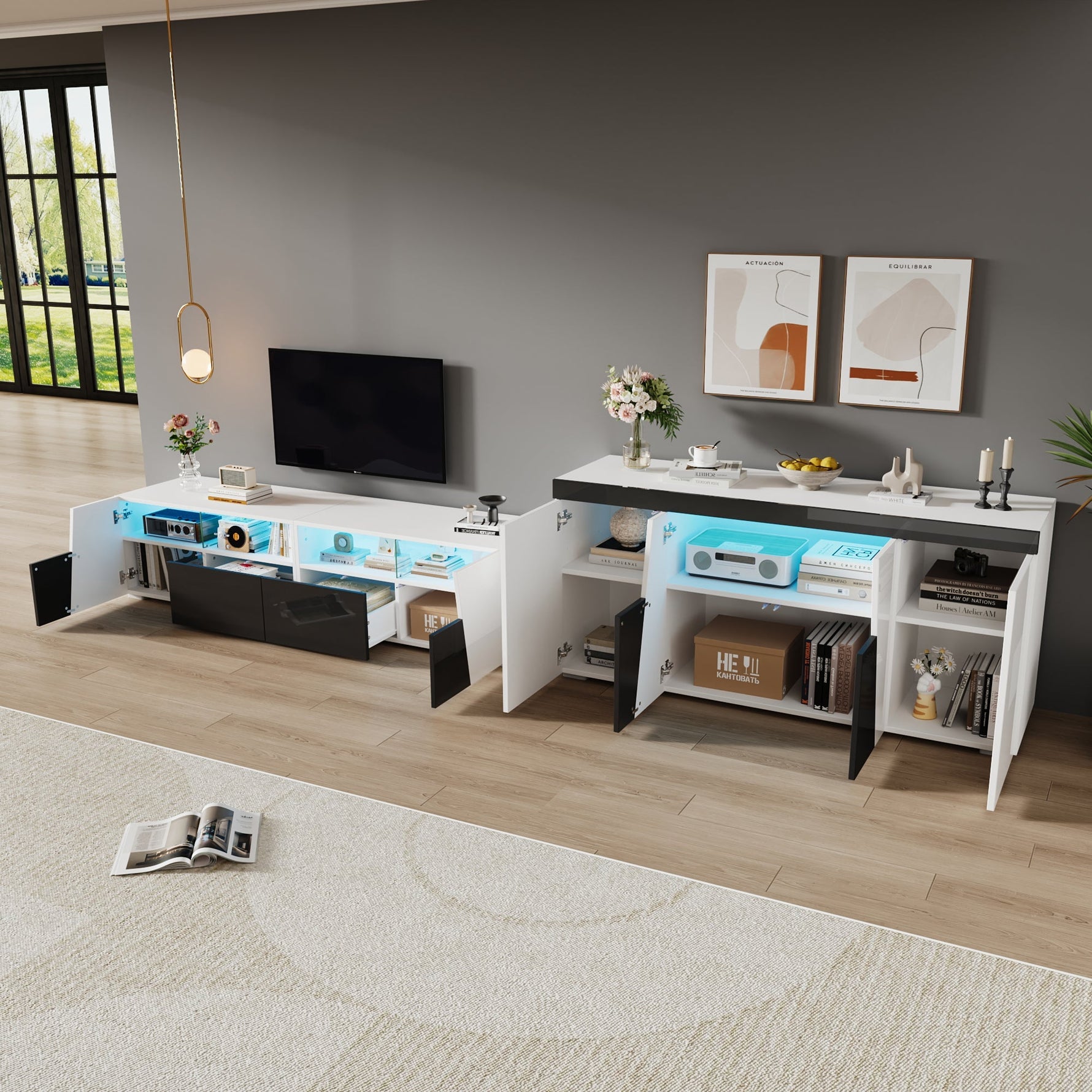 TV Cabinet and Sideboard Set High-Gloss LED Lowboard - Black and White