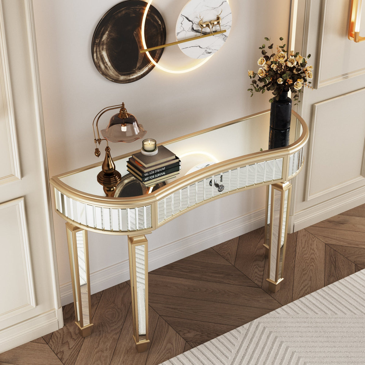 Half-Moon Console Table 120cm Mirrored Fluted Glass Drawer - Gold/Silver