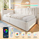 Upholstered Bed 90x200 with Storage & LED Lighting, Beige Velvet