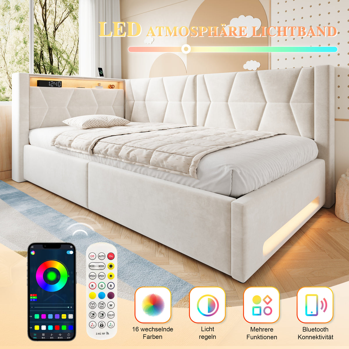 Upholstered Bed 90x200 with Storage & LED Lighting, Beige Velvet