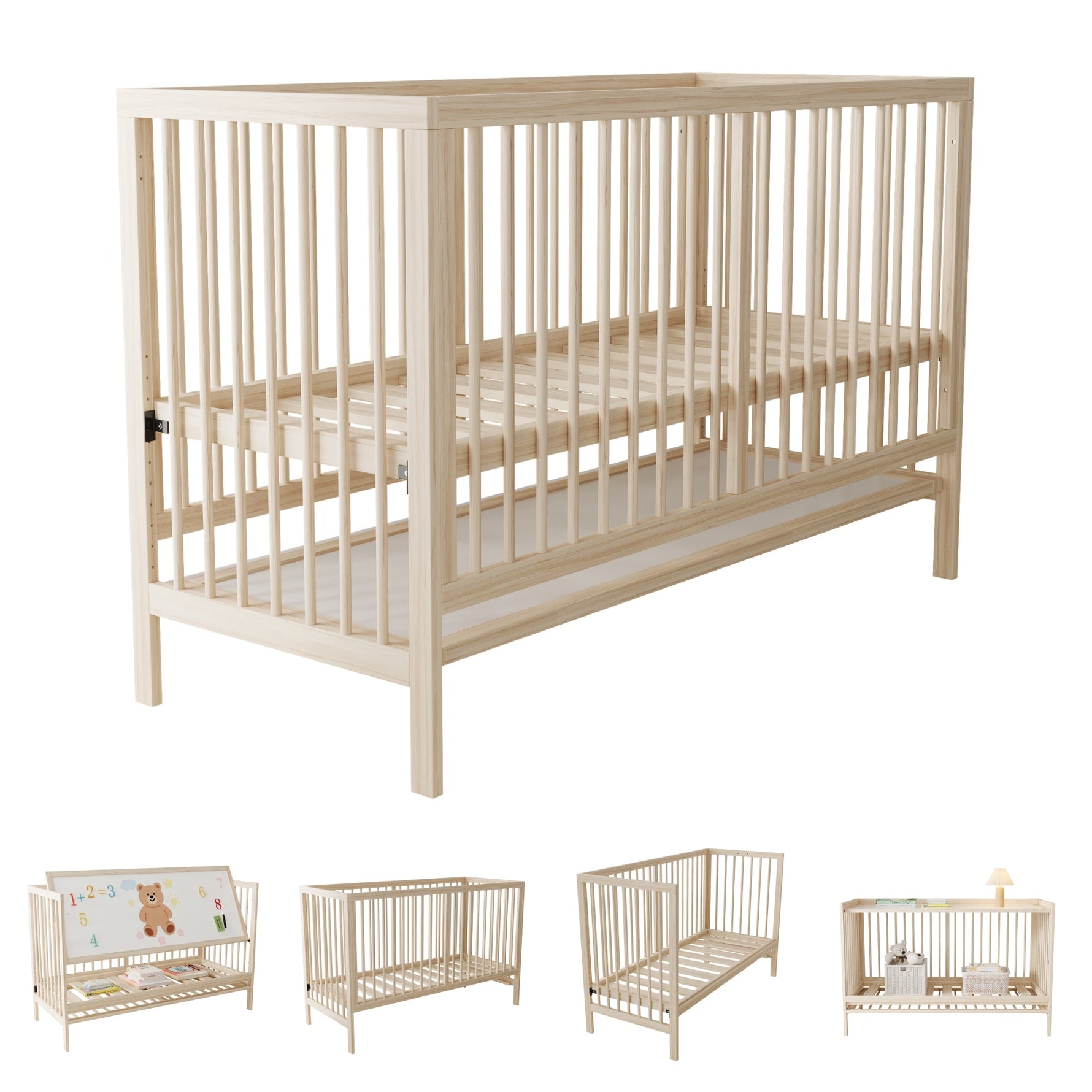 Children's Combination Furniture: Multifunctional Baby Bed, Wardrobe & Rotating Bookcase, Natural Colors