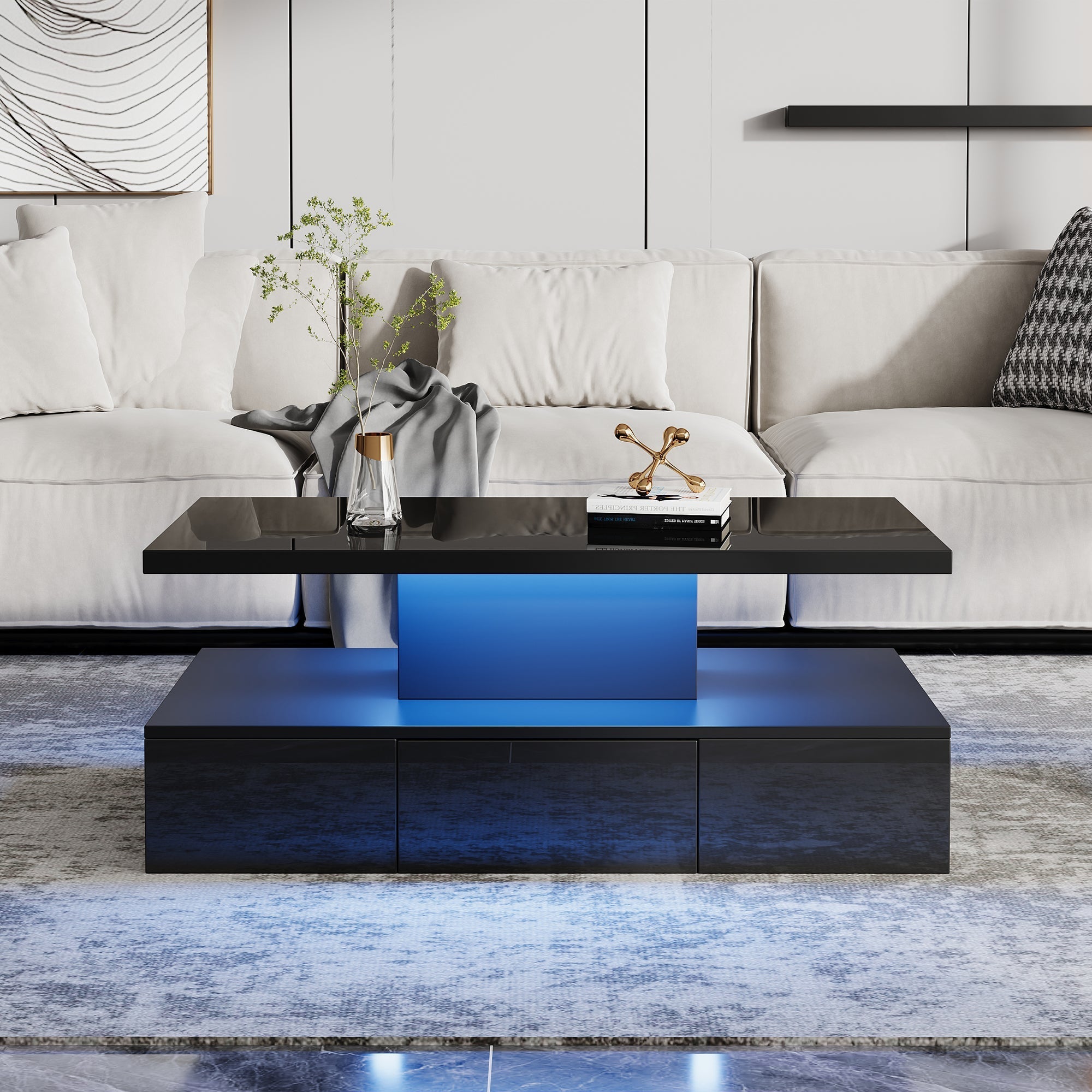 Two-tier Coffee Table 16-Color LED Light High-Gloss Storage Black