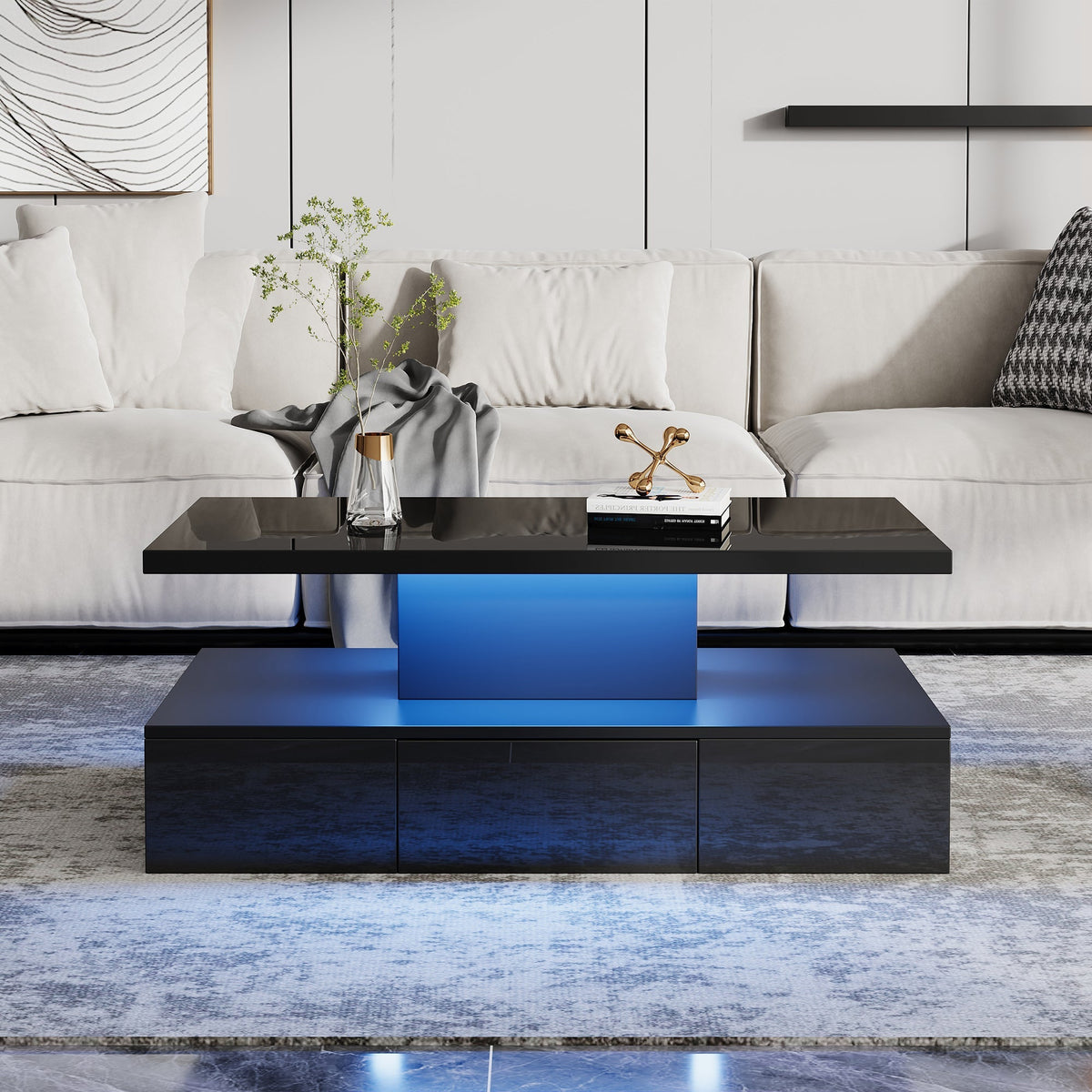 Two-tier Coffee Table 16-Color LED Light High-Gloss Storage Black