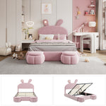 Upholstered Bed Hydraulic Storage, Bunny Ears LED Strips, 140x200cm, Stools, Velvet Pink