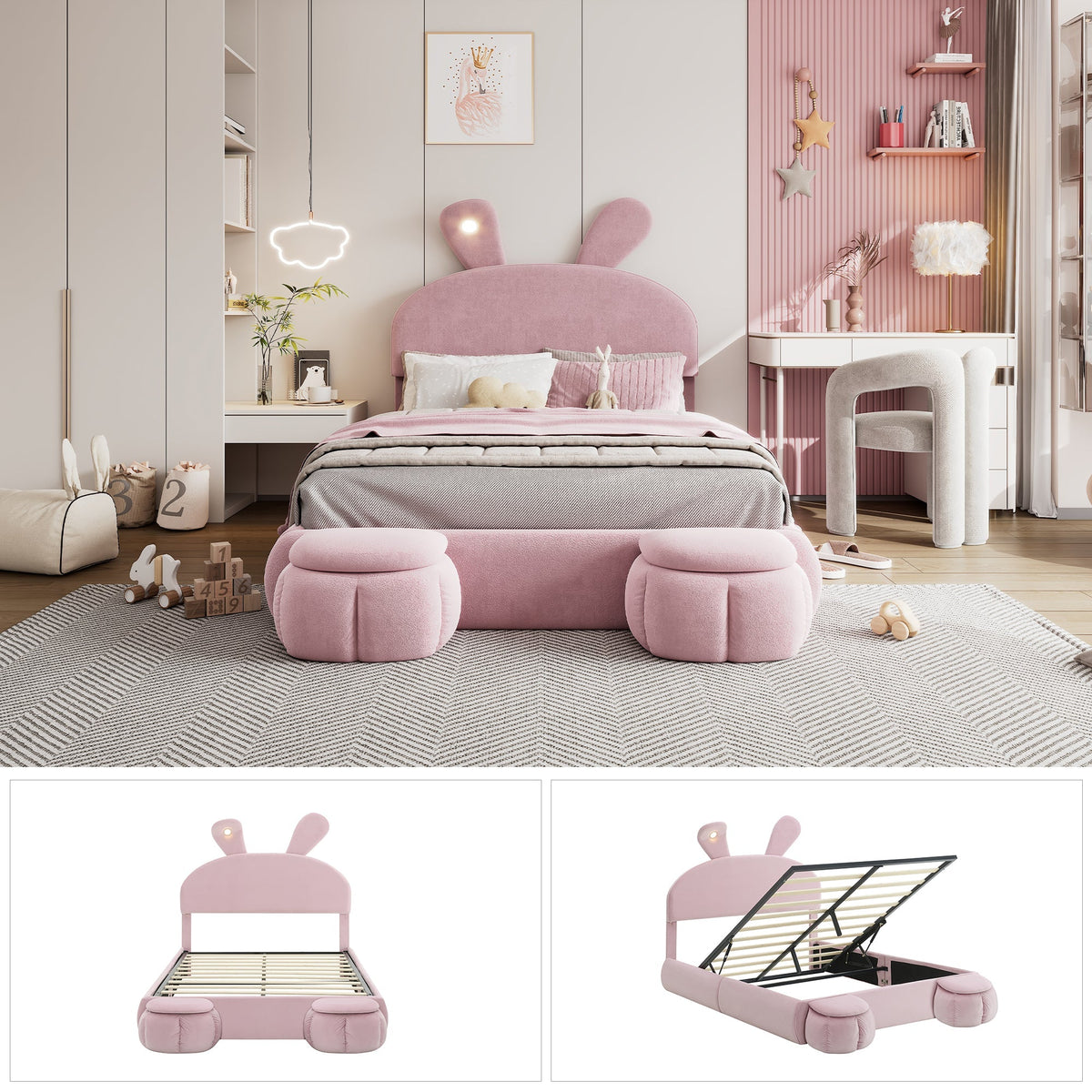 Upholstered Bed Hydraulic Storage, Bunny Ears LED Strips, 140x200cm, Stools, Velvet Pink