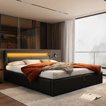 Upholstered Bed with LED Headboard, Storage and Slatted Base, 140x200cm, Black Faux Leather and Wood