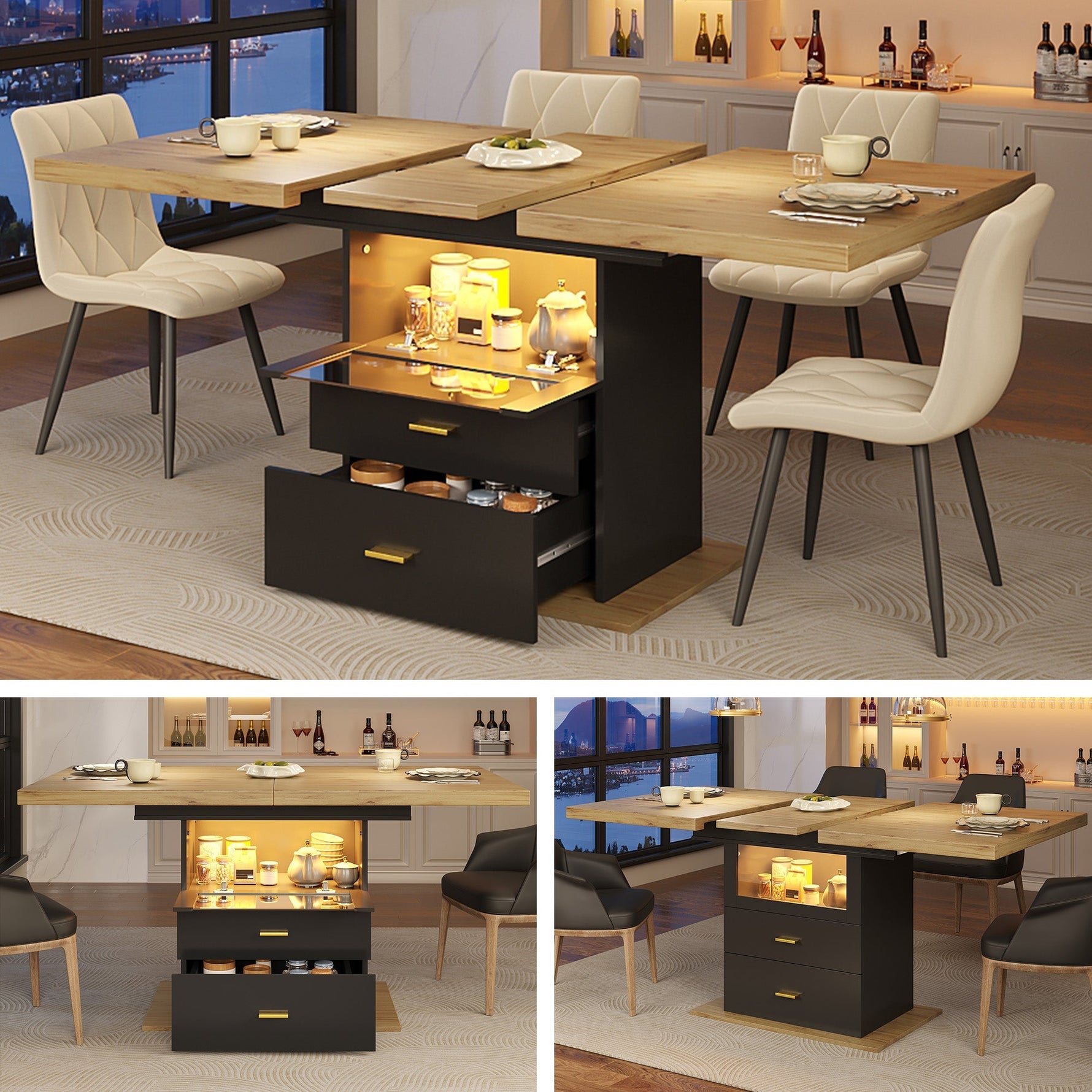 Extendable Dining Table with LED Lighting and Seating for 6 People, Wood Finish