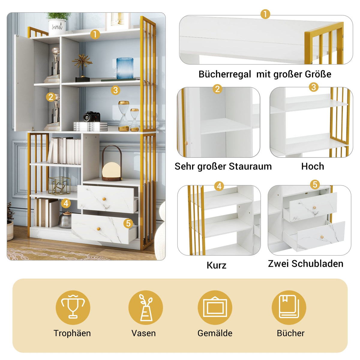 Bookcase, 6-Shelf Vertical with Doors & Drawers, Industrial Steel, White Marbled with Gold Frame