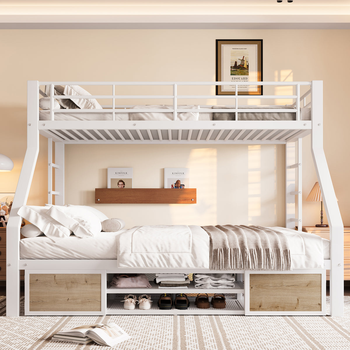 Children's Bunk Bed with Storage & Shoe Cabinet, White