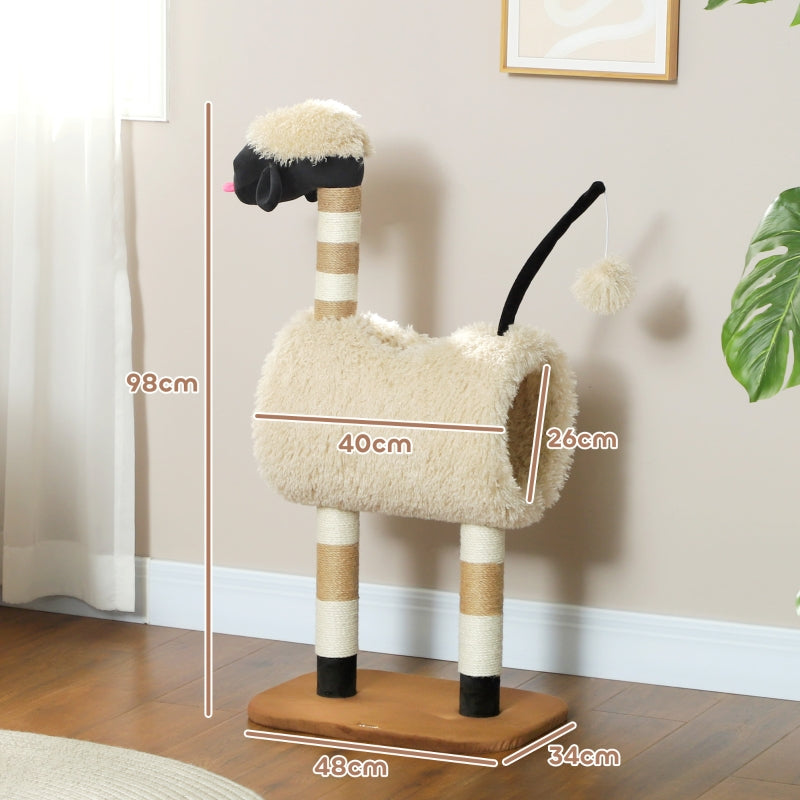 Cat Tree, Scratching Post Tunnel & Toys 98cm, Sheep Design Light Brown