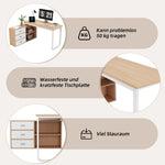 Simple Office Desk with 3 Drawers, 2 Open Shelves, Steel Frame - Natural