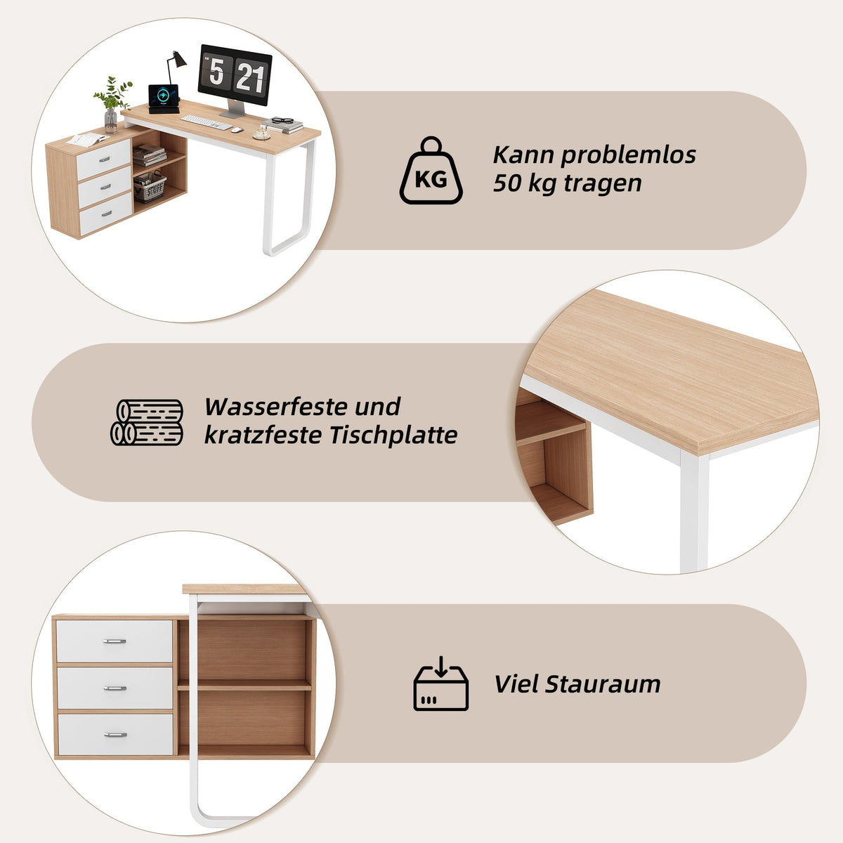 Simple Office Desk with 3 Drawers, 2 Open Shelves, Steel Frame - Natural