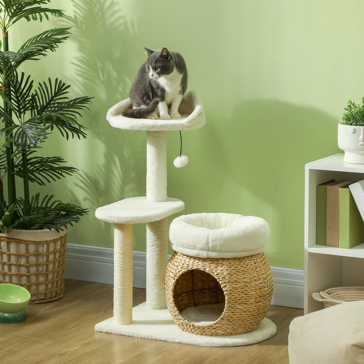 Cat Tree 79 cm, Cat Cave, Bed, Play Balls, Sisal, Cream White