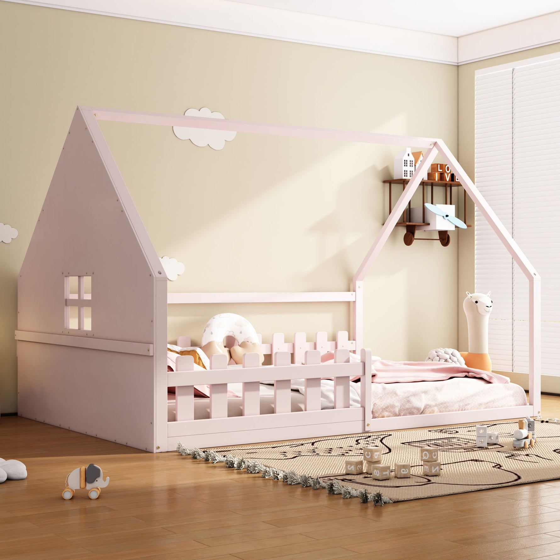 Flatbed Children's Bed 140x200cm House Rail - Pine Wood Pink