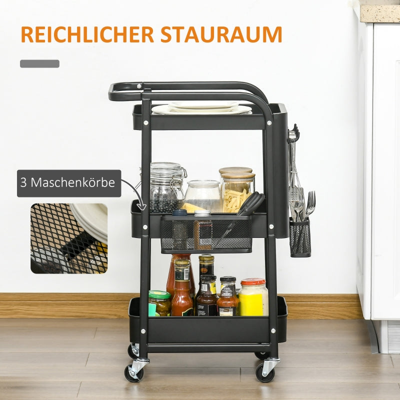 Kitchen Trolley with Perforated Board & Towel Holder, Storage Baskets, Black