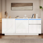 Side Cabinet, 140x40x60cm 3 Cabinets 1 Drawer Adjustable Shelves LED High-Gloss, MDF White