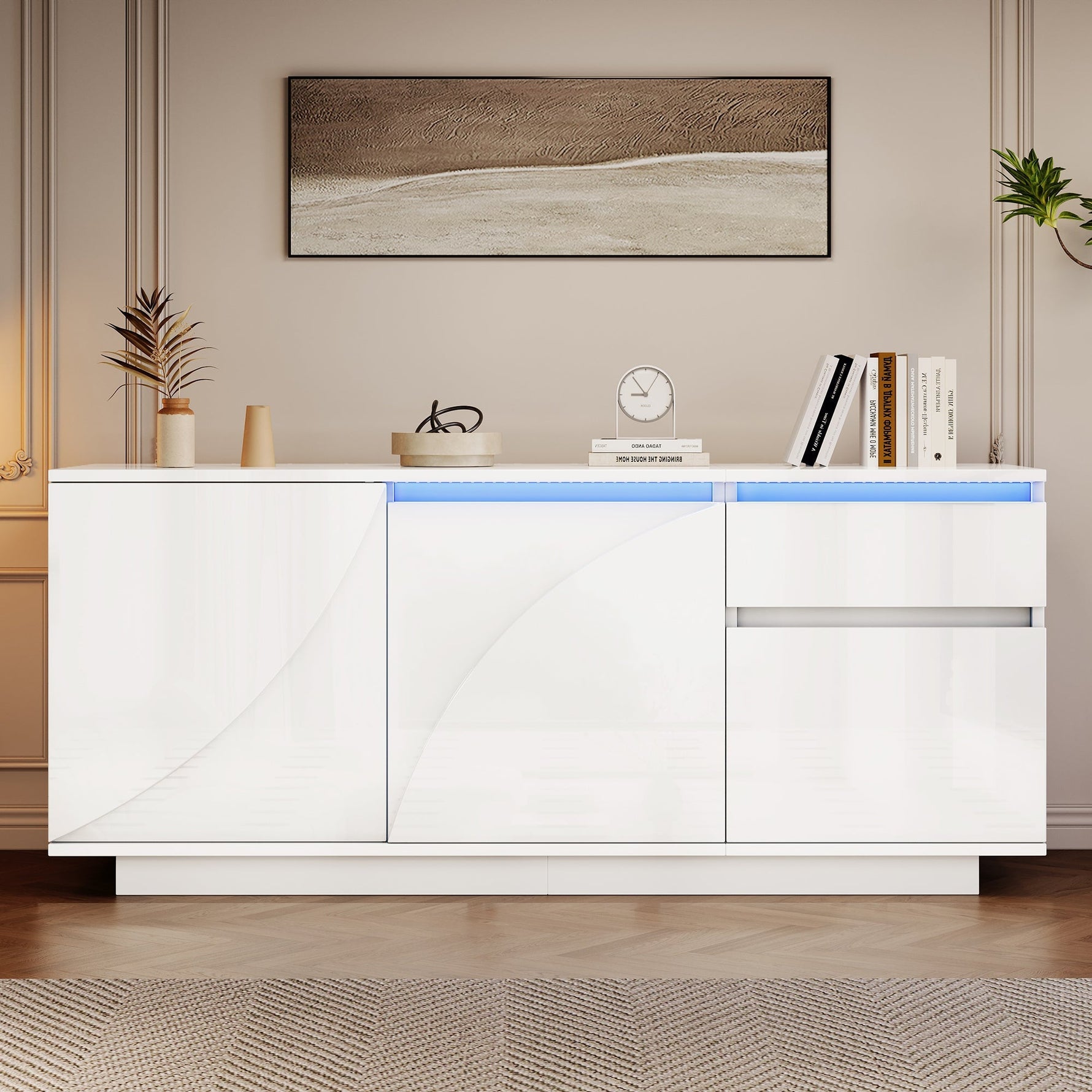Side Cabinet, 140x40x60cm 3 Cabinets 1 Drawer Adjustable Shelves LED High-Gloss, MDF White
