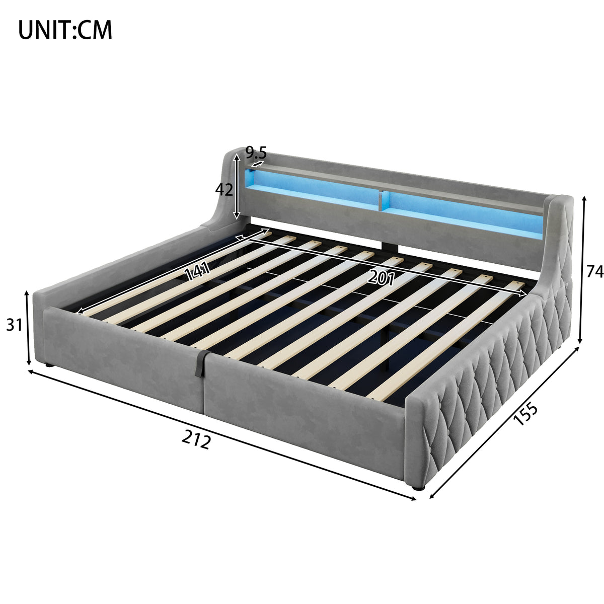 Platform Bed 140x200 with Hydraulic Storage & LED, Grey Velvet
