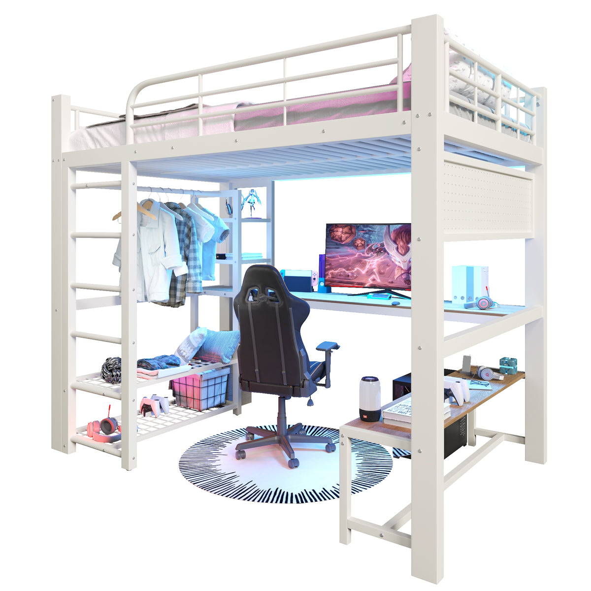 Loft Bed 140x200cm with LED, Storage Stairs & Grid, White Metal