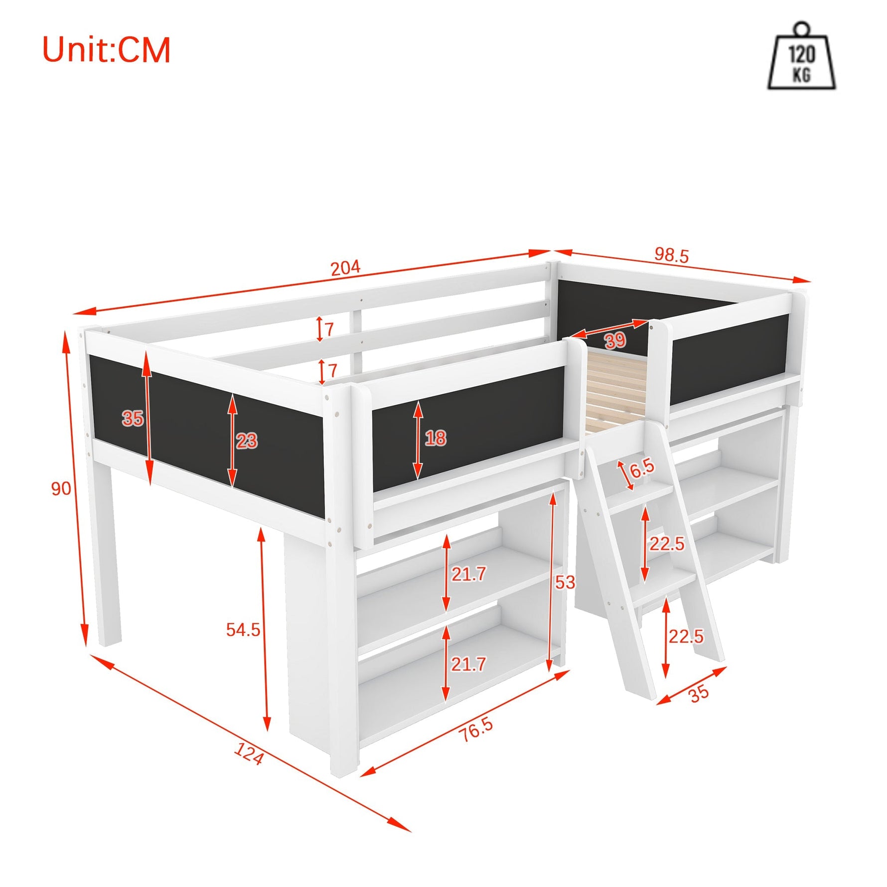 Mid-Sleeper Bed with Storage Shelves and Ladder, 90x200cm, White Pine Wood