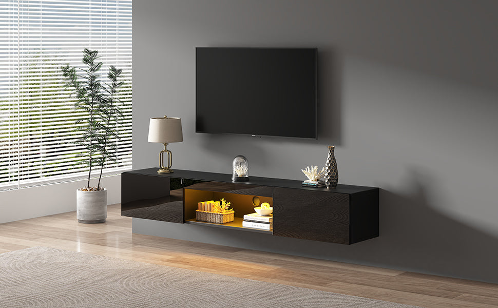 Wall-Mounted TV Stand with LED Lighting and High Gloss Finish for 70-Inch TVs, Black