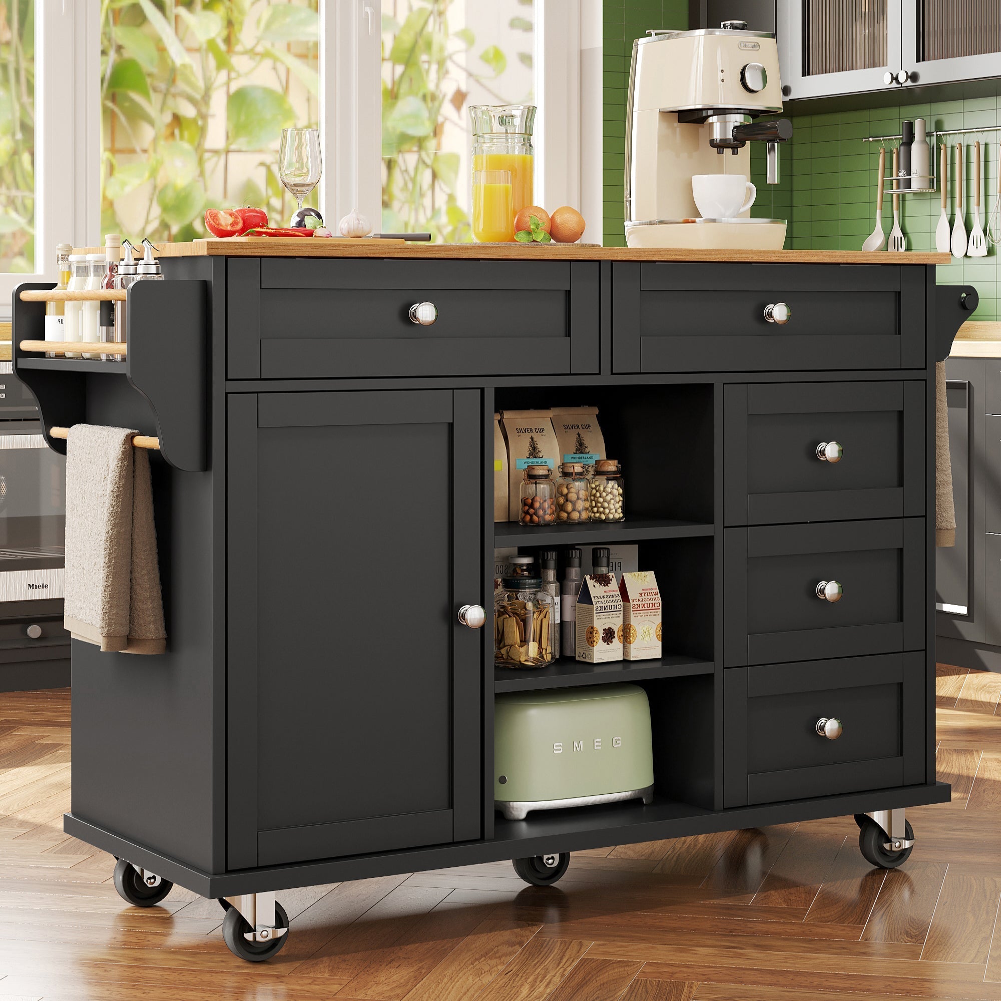 Dining Trolley 134x46x92cm Mobile & Stationary Storage Cabinet Black