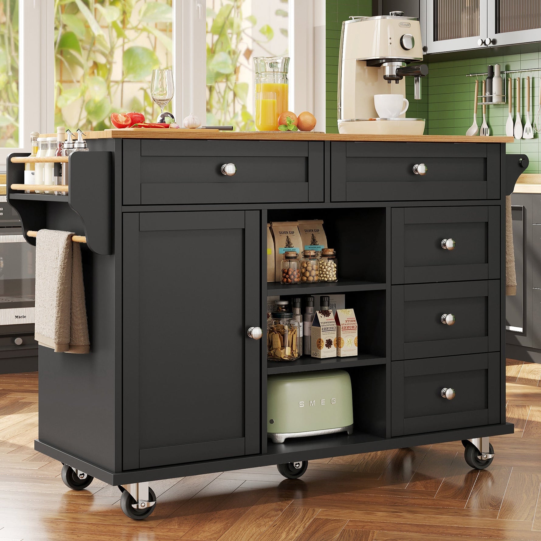 Dining Trolley 134x46x92cm Mobile & Stationary Storage Cabinet Black