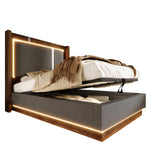 Youth Upholstered Bed 90x200 with LED & Storage, Grey Linen & Walnut
