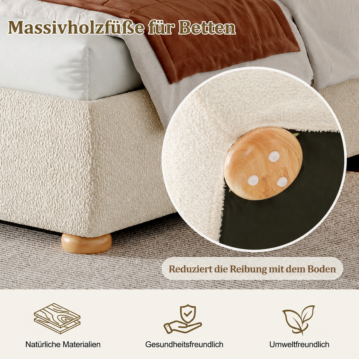 Upholstered Double Bed 140x200 cm with Storage, Beige Bouclé