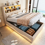 Upholstered Bed 140x200 with Storage & LED, Beige Linen