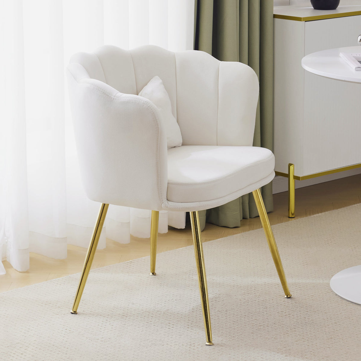 Modern velvet armchair, comfortable upholstered decorative chair, gold-plated metal legs