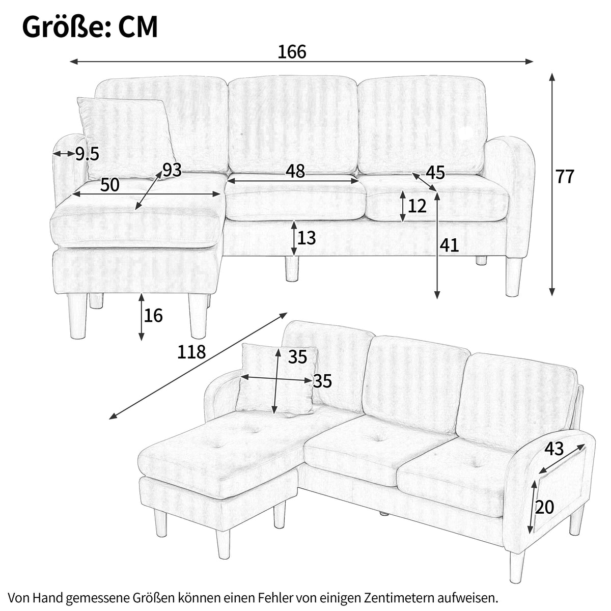 L-shaped Corner Sofa with Chaise Longue, 3-Seater Modular Design, Corduroy Fabric