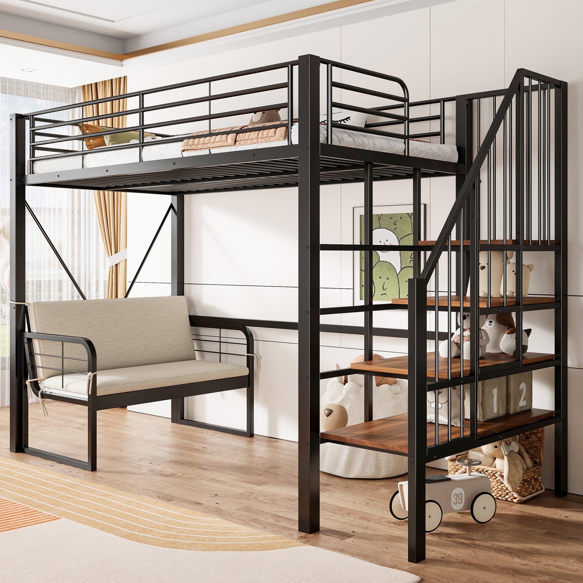Bunk Bed with Removable Sofa, Storage and Safety Stairs, 90x200cm, Black Metal