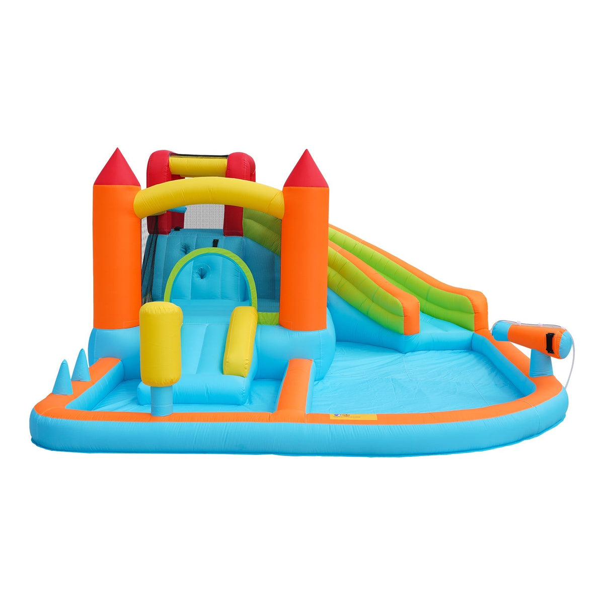 Multifunctional Outdoor Bouncy Castle with Blower, Water Slide, Trampoline, Basketball Hoop, Water Gun, 2 Pool Areas, 1 Large and 1 Small Slide