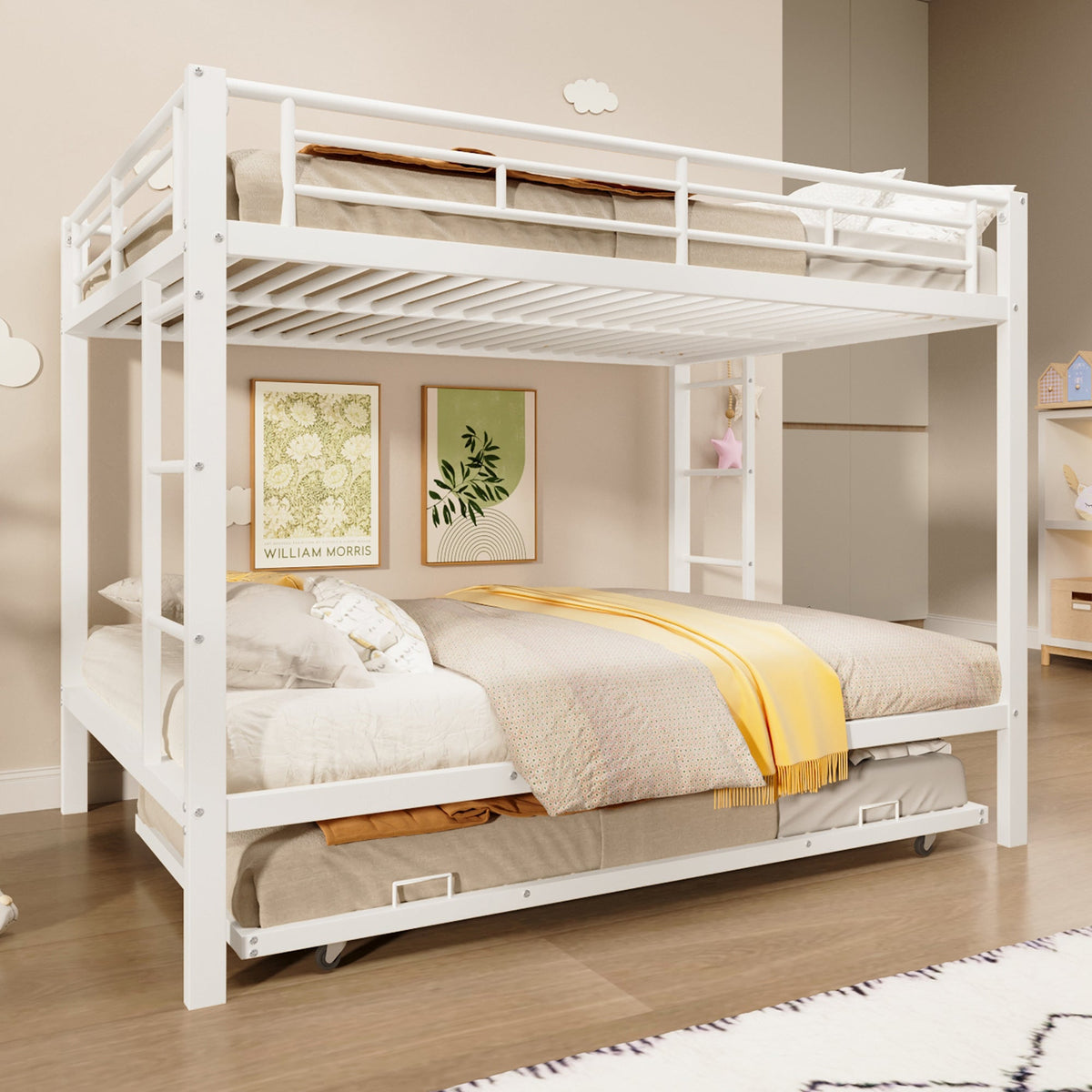 Bunk Bed with Pull-Out Bed and High Railings, 140x200cm Iron Frame, White