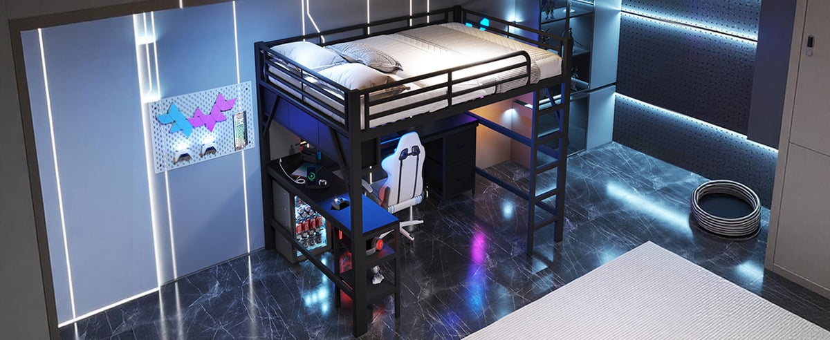 Gaming Loft Bed with Desk, Bookshelf & Wardrobe, Black Metal