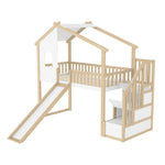 Loft Bed with Storage Ladder, Slide and Window, Natural and White