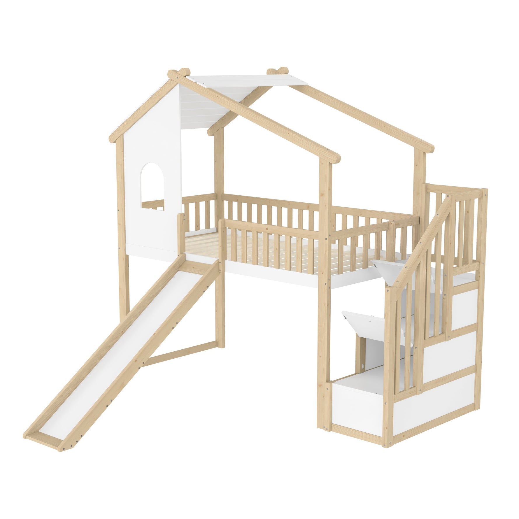 Loft Bed with Storage Ladder, Slide and Window, Natural and White
