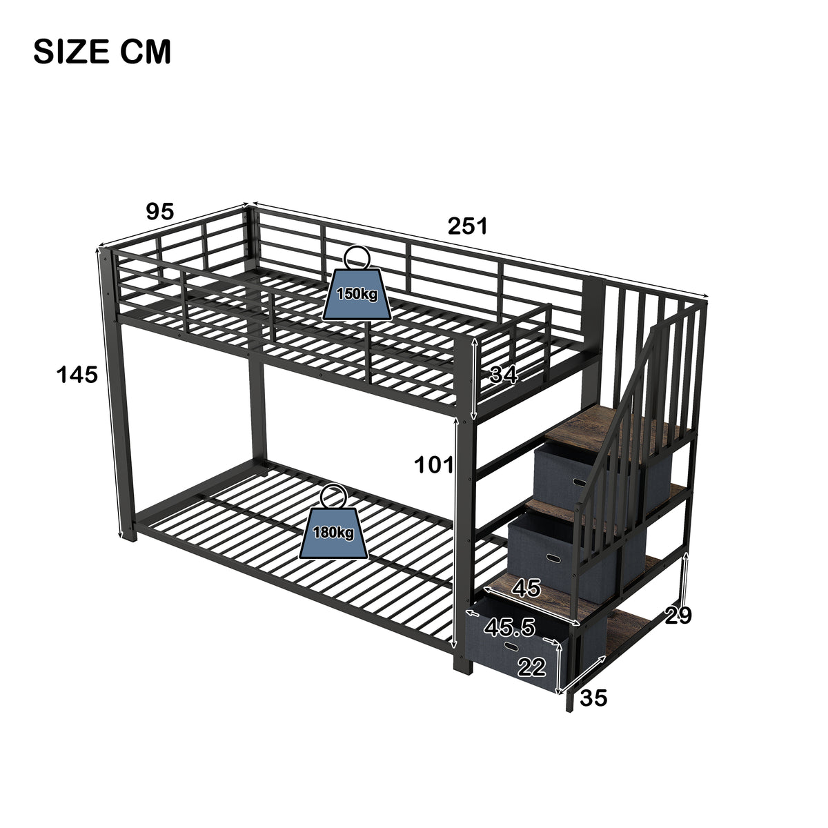 Metal Bunk Bed 90x200cm with Stairs, Storage & LED, Black