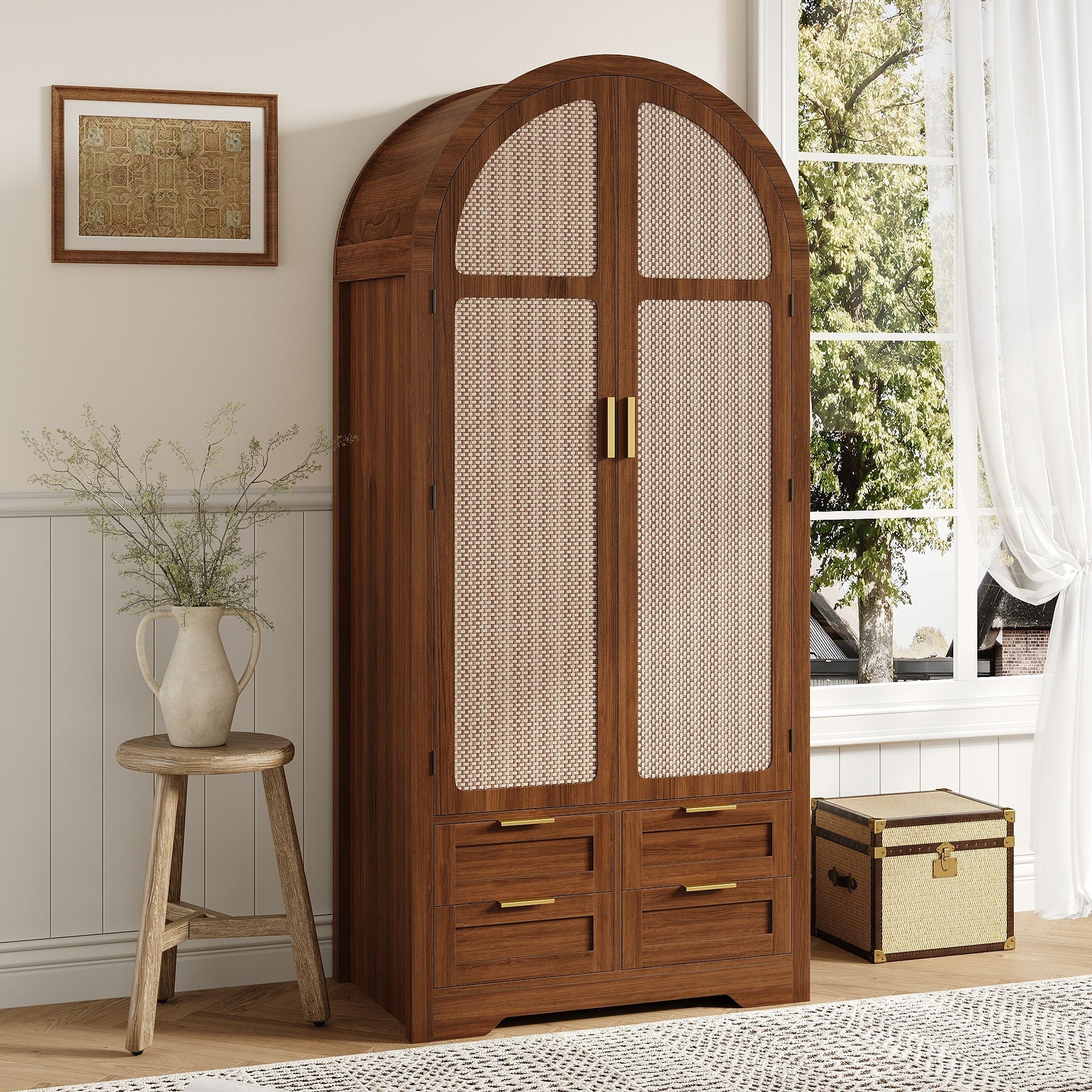 Modern Wardrobe with Curved Doors, Clothes Rail and Drawers, Walnut MDF
