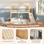 Children's Bunk Bed with Gable Roof, Shelf and 35cm Slide, 90x200cm, White and Natural Wood