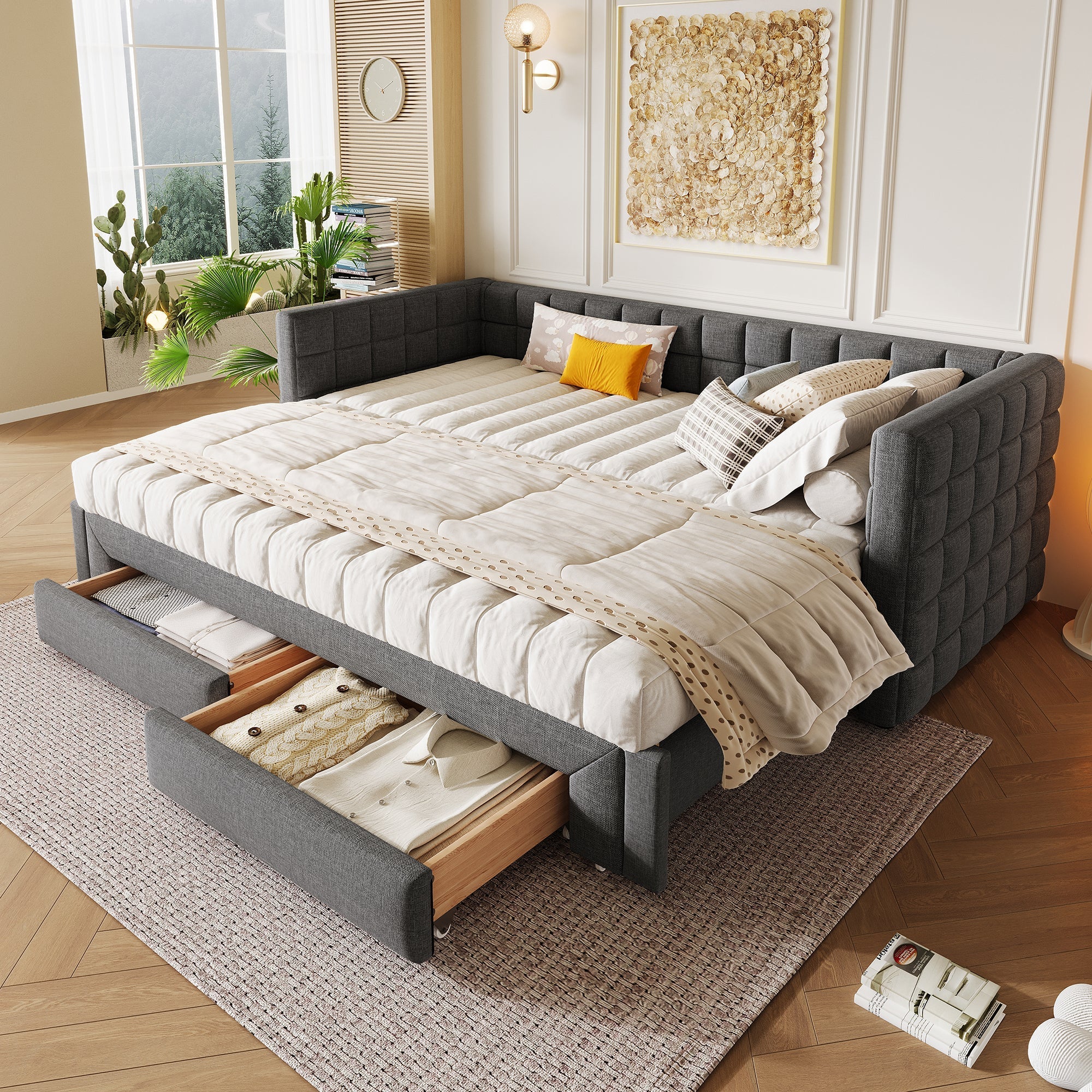 Daybed with Square Backrest and 2 Storage Drawers, Extendable to 180cm, Grey Velvet